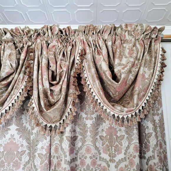 JC Penney Drapes Waterfall Valances 100Wx85L Tan Floral Jacquard Lined Vtg 7pcs - Picture 10 of 13